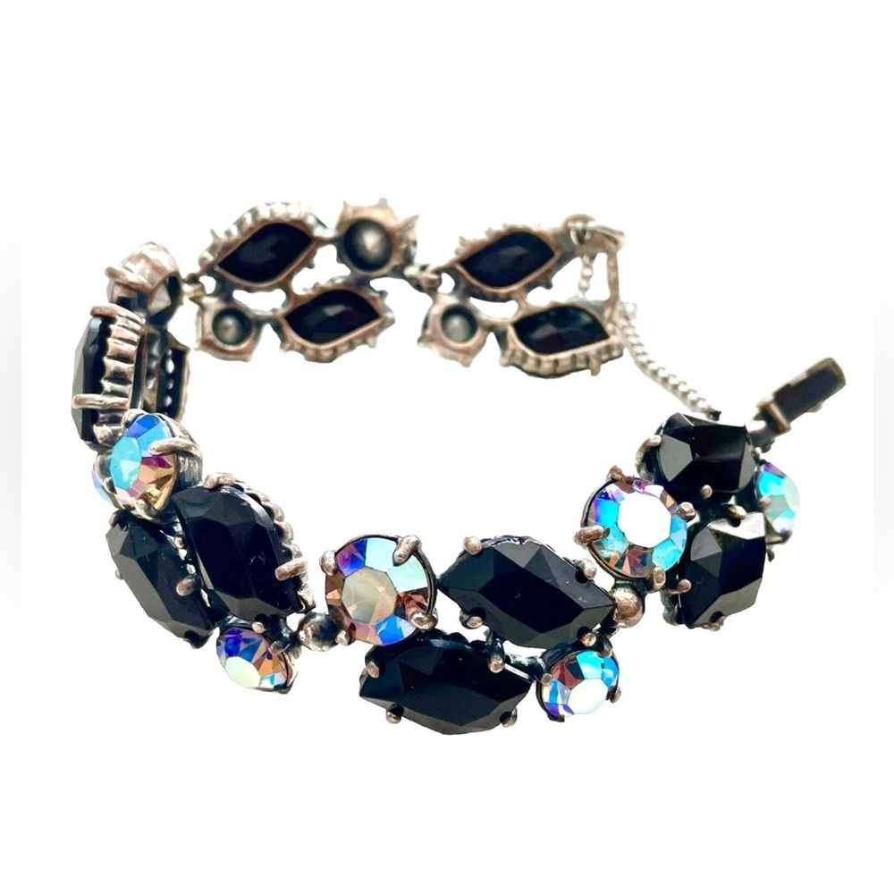 Schiaparelli Bracelet + Earrings Set Aurora Borealis AB Black Rhinestones VTG - Picture 3 of 15